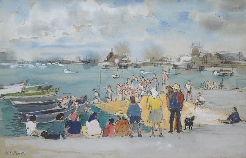 Hubert Andrew Freeth (1912-1986), Ink and watercolour, ‘Swimming Contest in the Port (Cameret - Brittany), 28x43cm. Condition - good